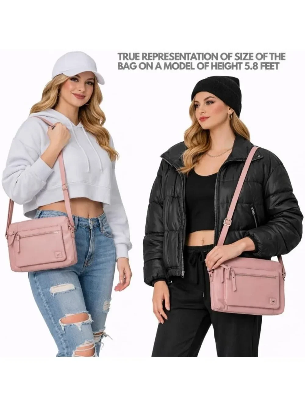 Women's Baby Pink Leather Sling Purse with Adjustable Straps Crossbody bags